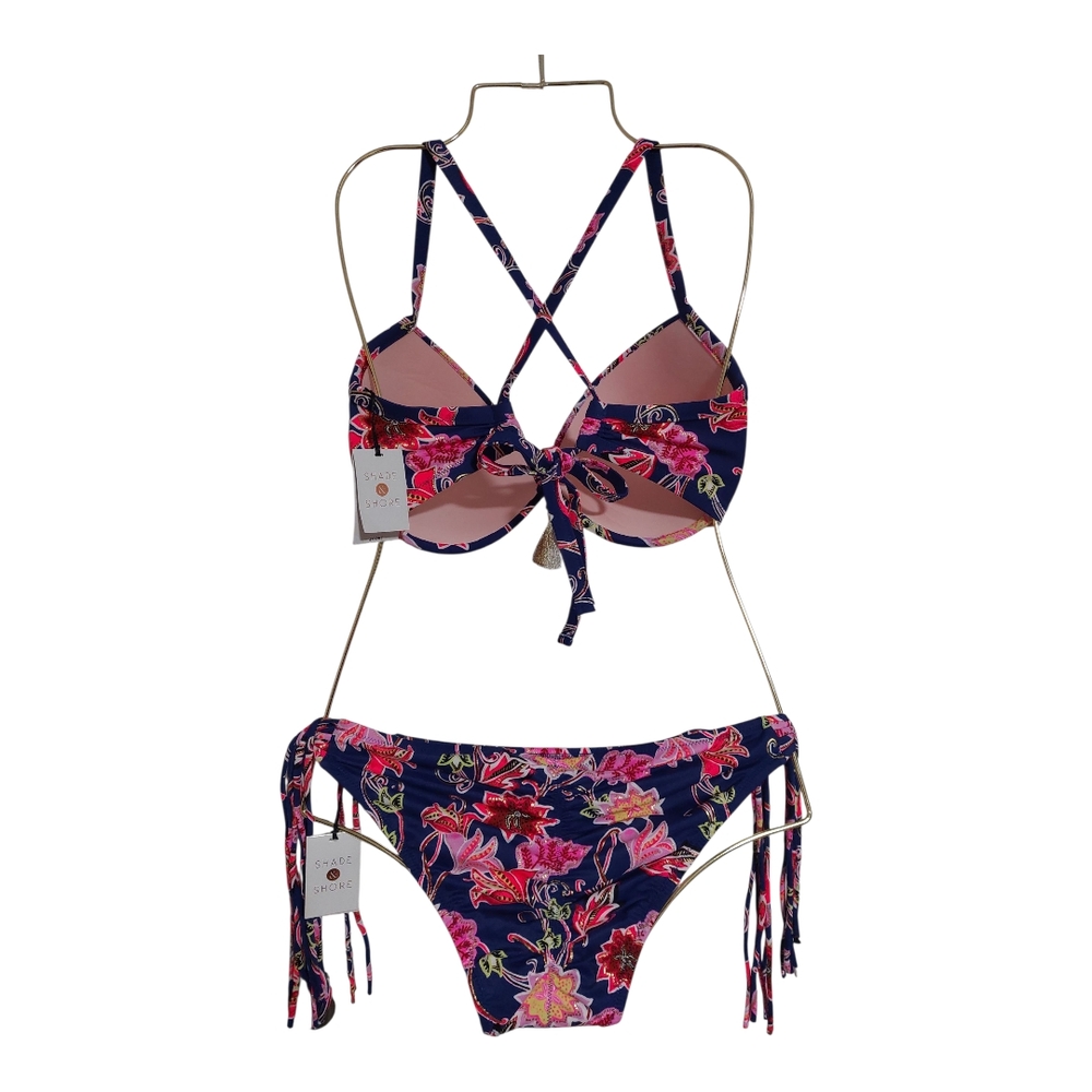 Indigo Blue and‎ Pink Floral Bikini with Criss-Cross Straps - Picture 2 of 10